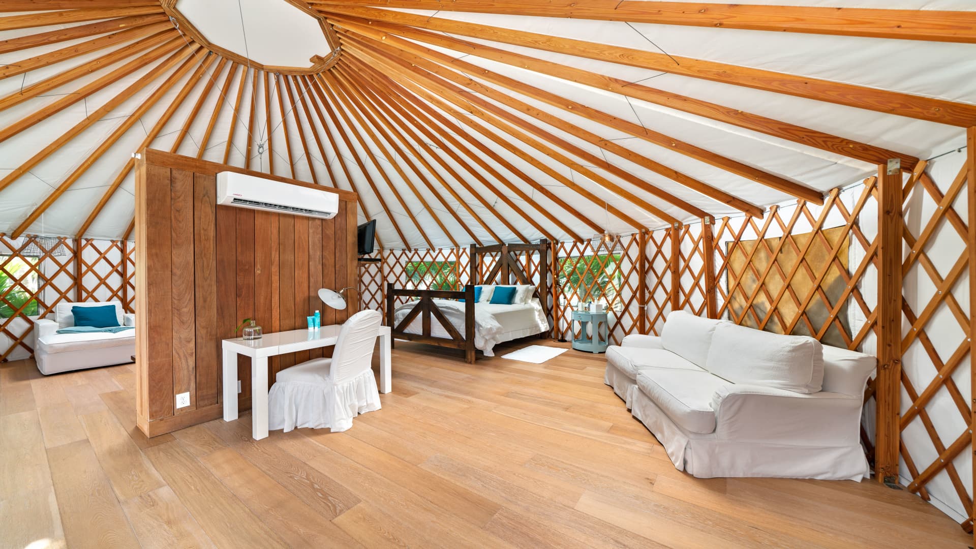 A look inside the beachfront yurt that is furnished as a bedroom.