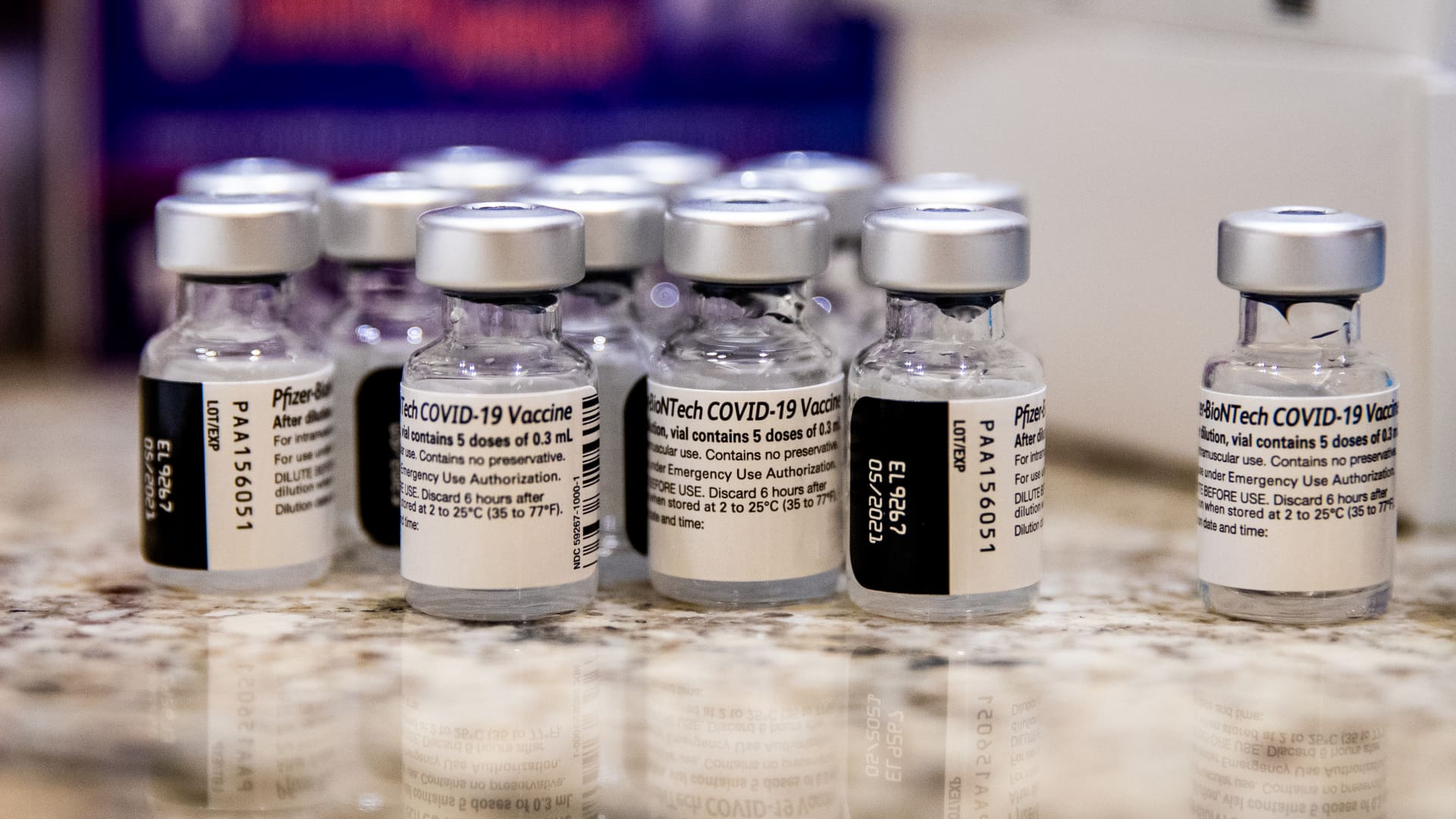 Vials of the Pfizer-BioNTech Covid-19 vaccine at the Sun City Anthem Community Center vaccination site in Henderson, Nevada, U.S., on Thursday, Feb. 11, 2021.