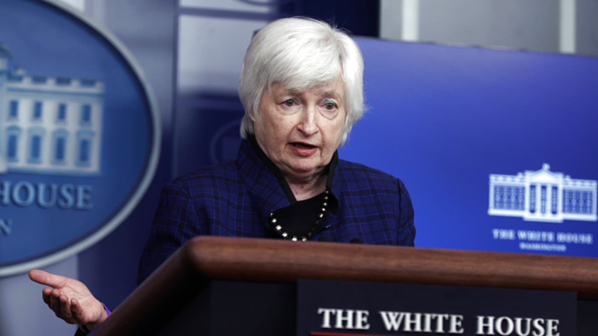 Secretary of the Treasury Janet Yellen speaks during a daily news briefing at the James Brady Press Briefing Room of the White House May 7, in Washington, DC.