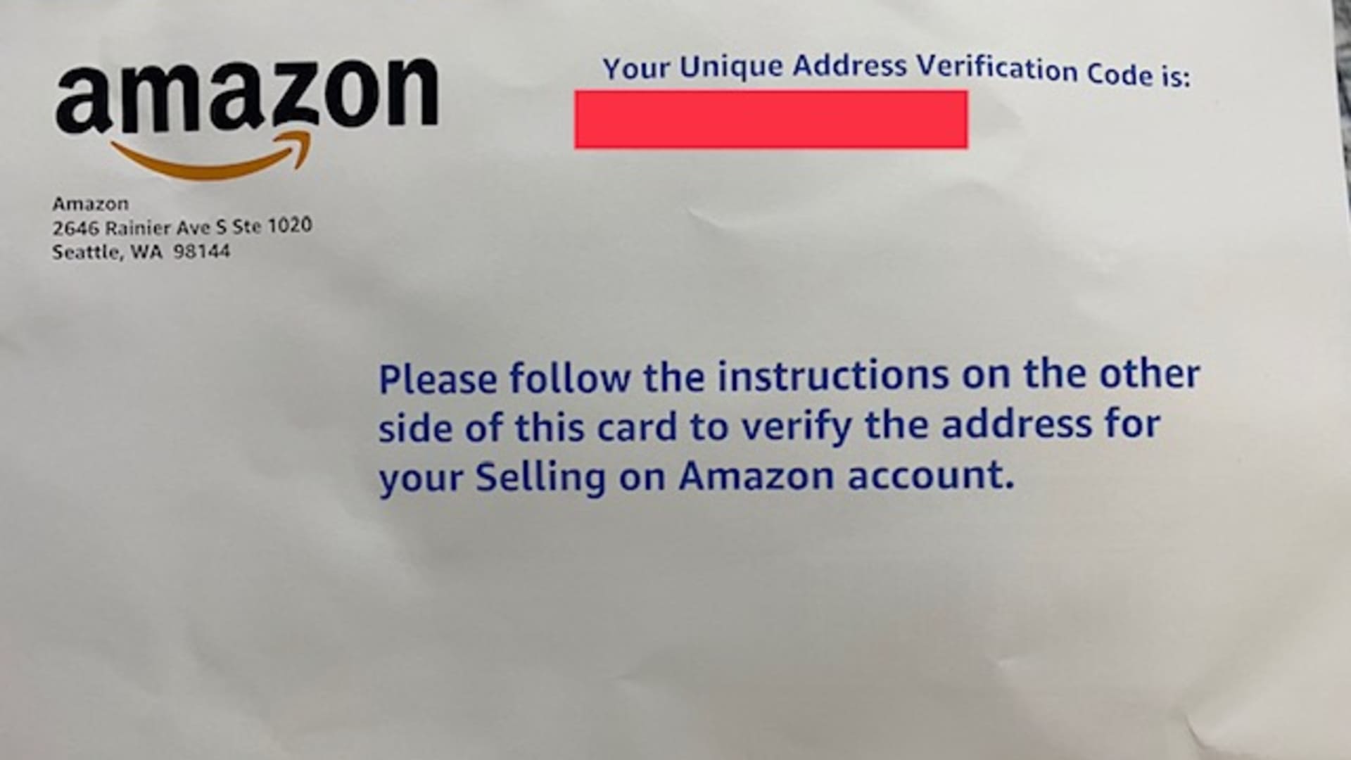 Amazon is mailing postcards like this one to third-party sellers to verify the address listed on their profile.