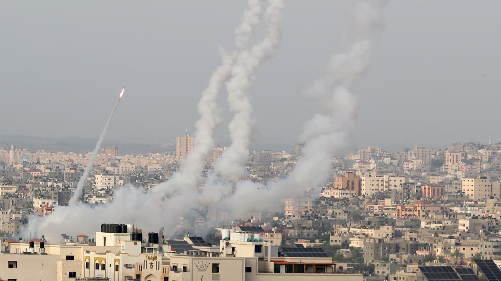 Rockets are launched by Palestinian militants from Gaza into Israel, May 10, 2021.