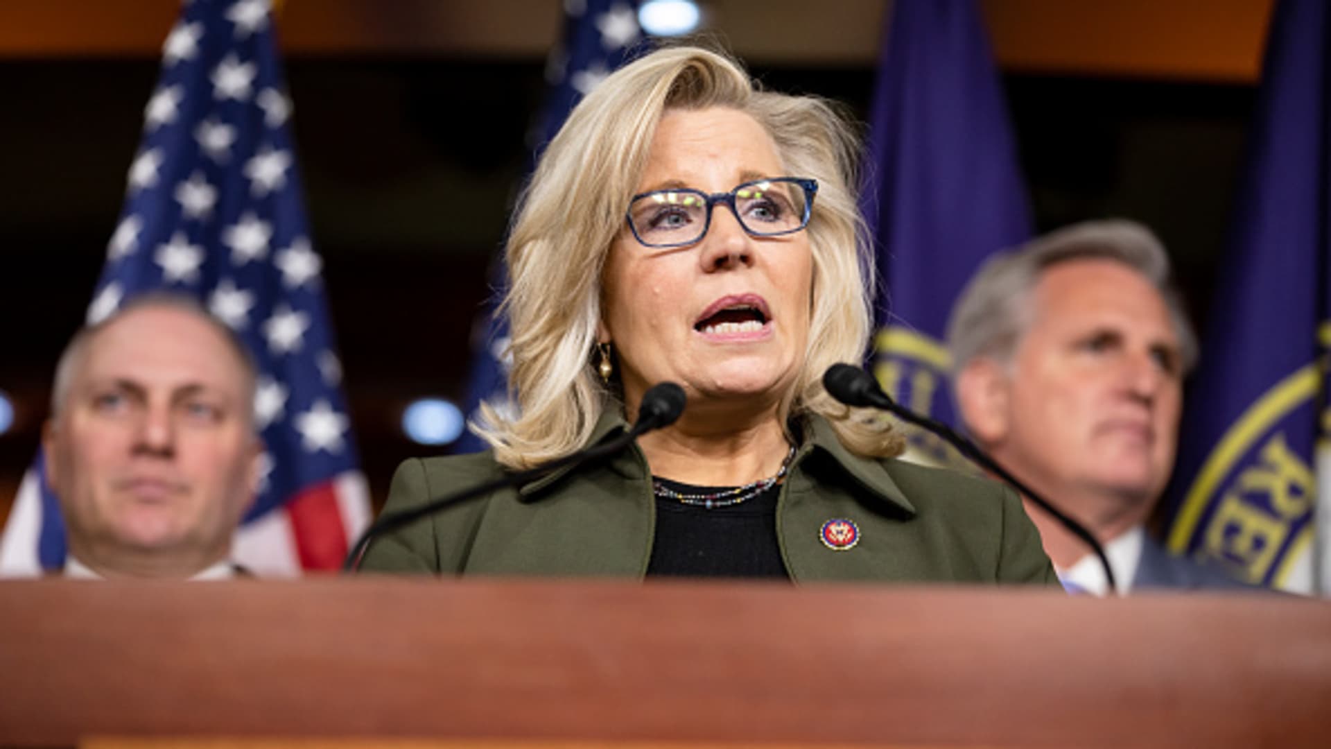 Republican Conference Chairman Rep. Liz Cheney (R-WY) speaks during a press conference with House Minority Leader Rep. Kevin McCarthy (R-CA) (R) and Republican Whip Rep. Steve Scalise (R-LA) at the US Capitol on December 17, 2019 in Washington, DC.