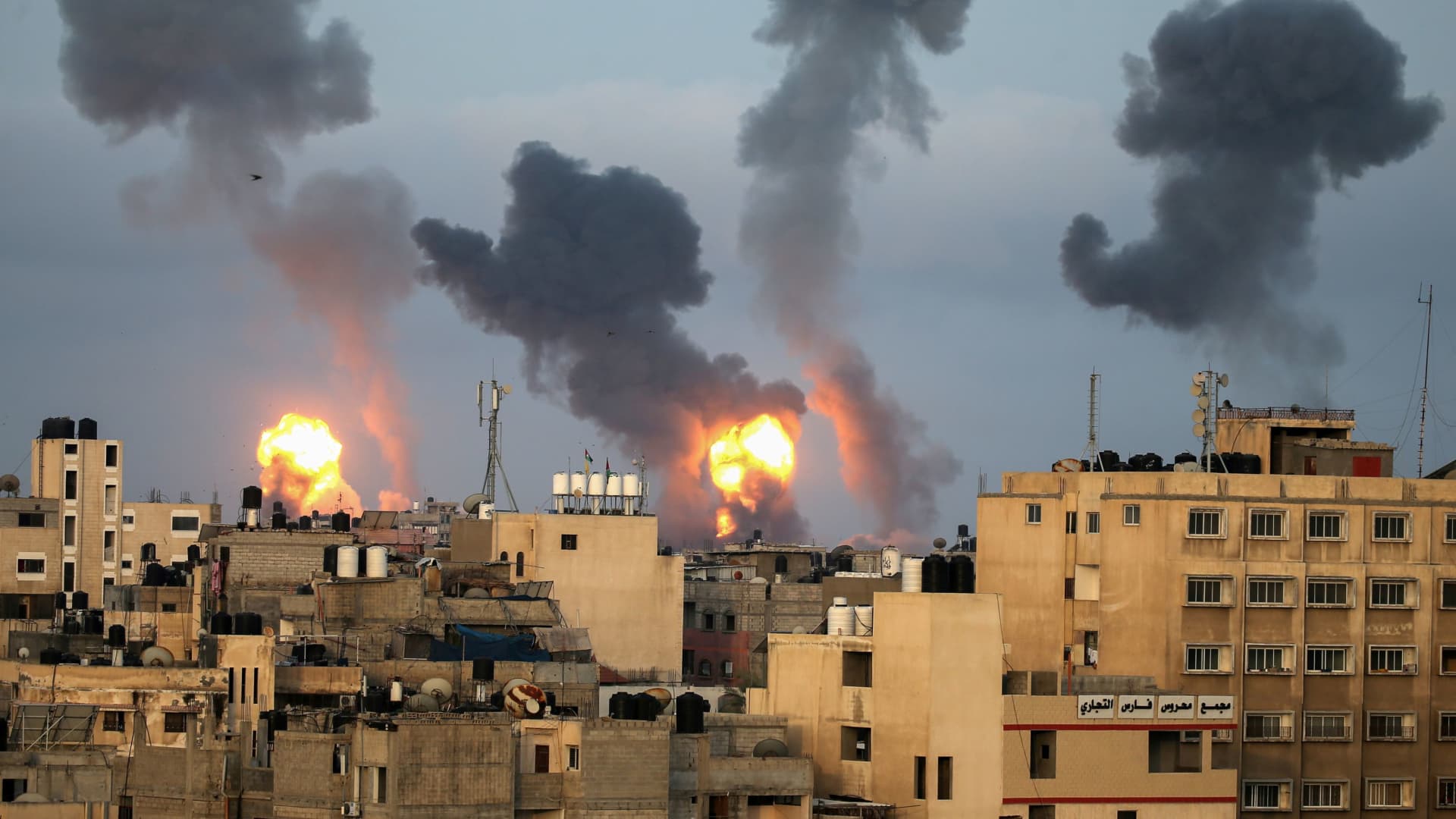 Flames and smoke rise during Israeli airstrikes amid a flare-up of Israeli-Palestinian violence, in the southern Gaza Strip May 11, 2021.