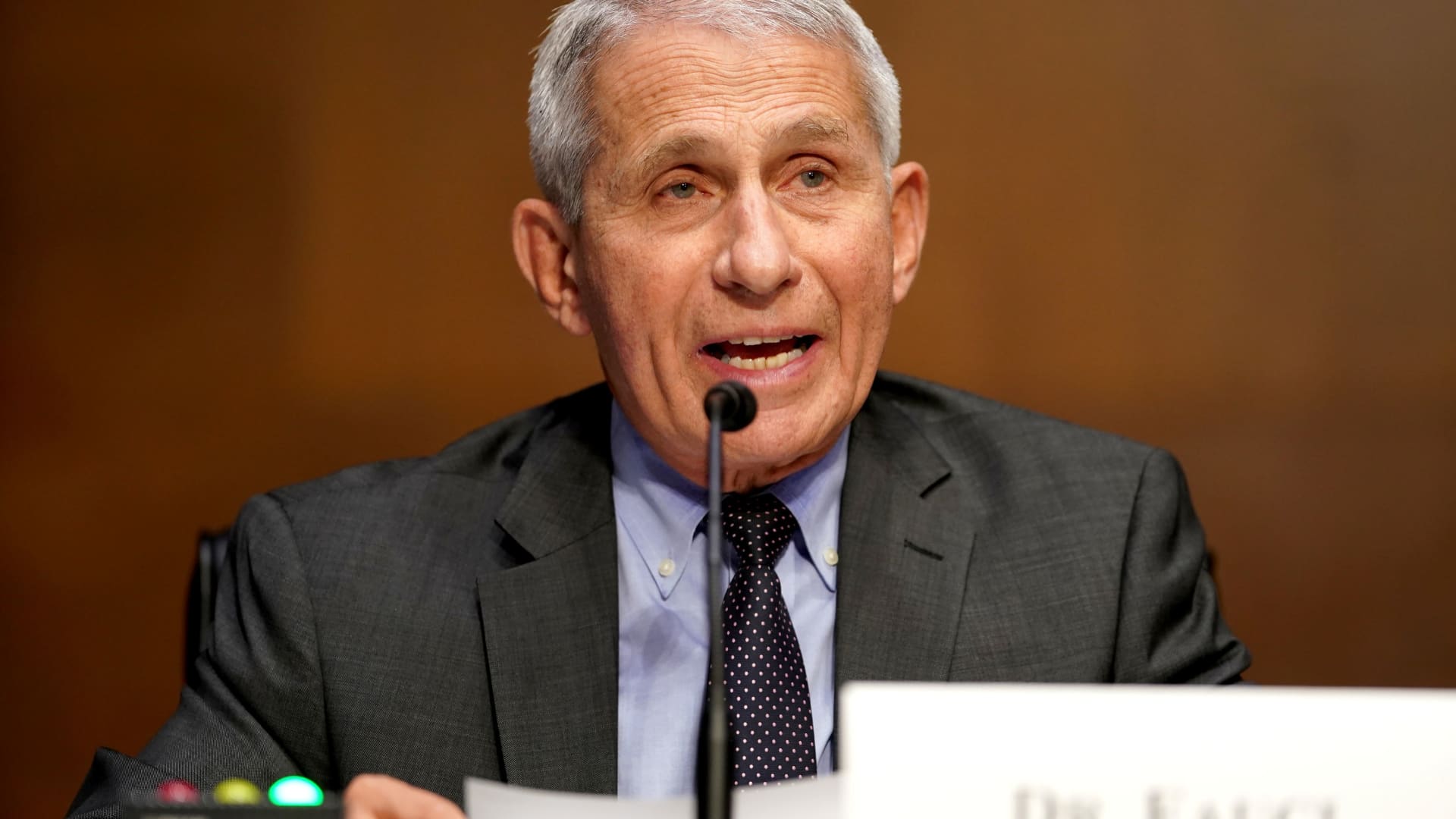 Dr. Anthony Fauci, director of the National Institute of Allergy and Infectious Diseases, gives an opening statement during a Senate Health, Education, Labor and Pensions Committee hearing to discuss the on-going federal response to COVID-19, at the U.S. Capitol in Washington, D.C., May 11, 2021.