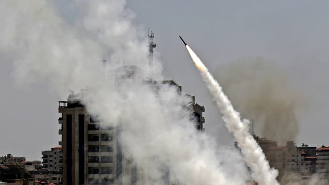 Rockets are fired from Gaza City, controlled by the Palestinian Hamas movement, towards Israel on May 11, 2021.