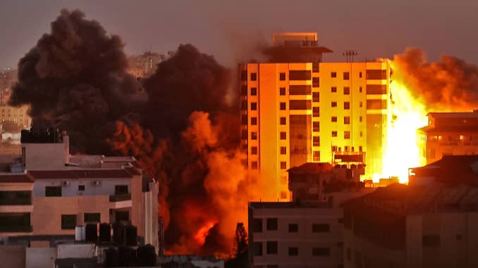 Smoke billows from an Israeli air strike on the Hanadi compound in Gaza City, controlled by the Palestinian Hamas movement, on May 11, 2021.
