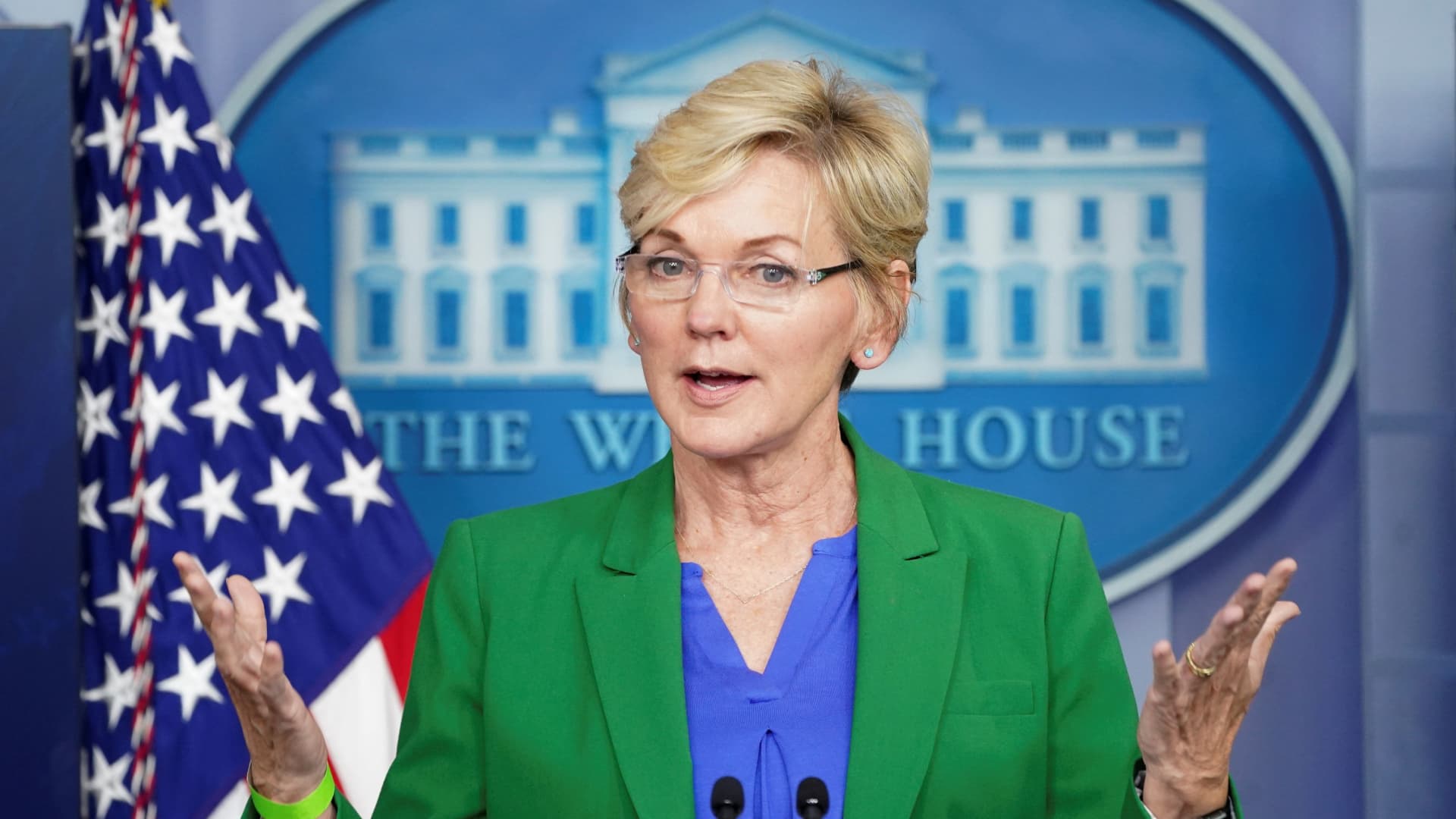 U.S. Energy Secretary Jennifer Granholm speaks about the Colonial Pipeline cyberattack shut down during a press briefing at the White House in Washington, May 11, 2021.