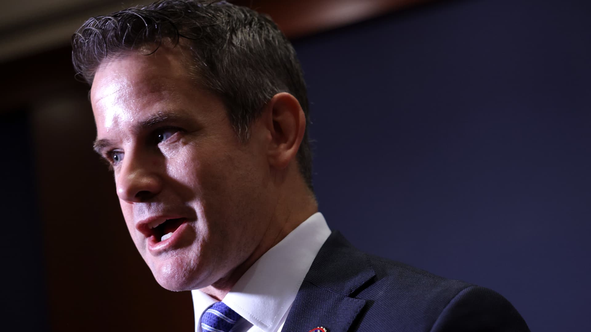 Rep. Adam Kinzinger (R-IL) speaks after the Republican House caucus voted to remove Rep. Liz Cheney (R-WY) of her leadership, at the U.S. Capitol on on May 12, 2021 in Washington, DC.