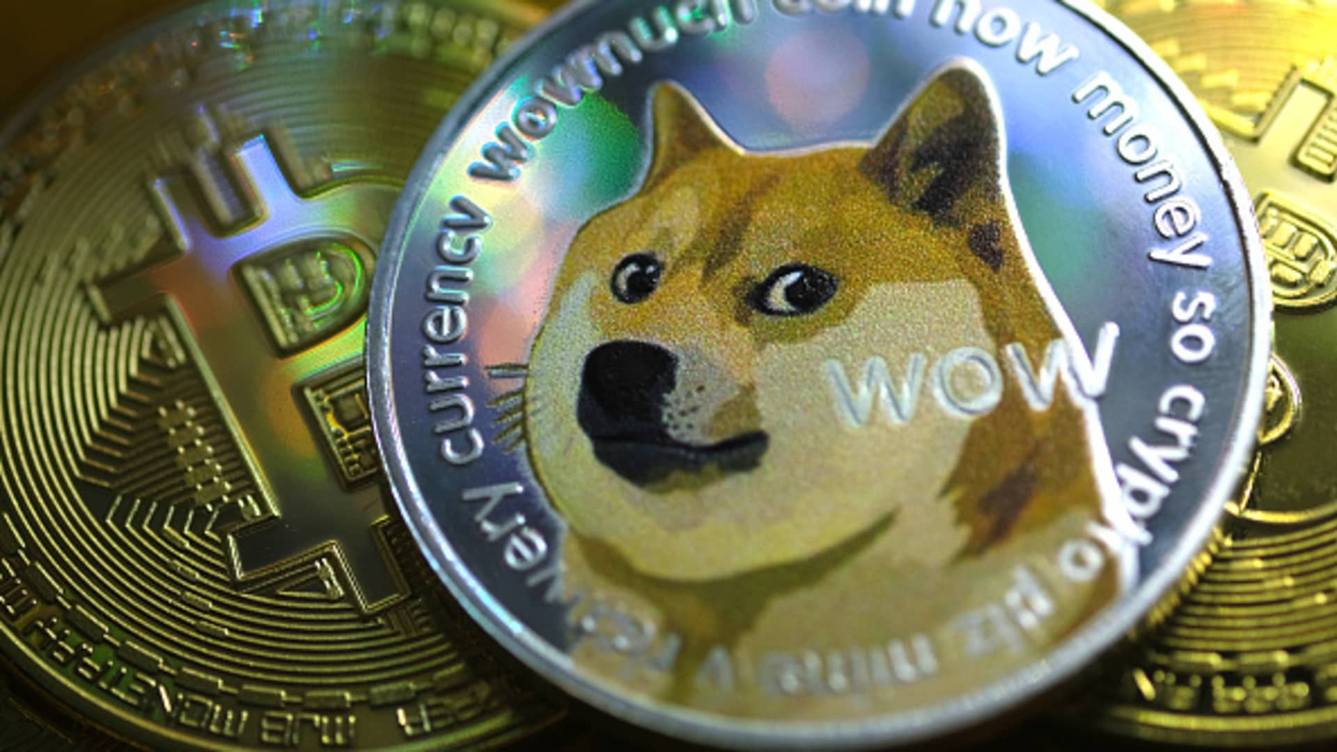 A visual representation of digital cryptocurrencies Dogecoin and Bitcoin.
