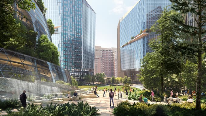 A rendering of Amazon's HQ2 shows a "Forest Plaza" located at the foot of its 350-foot-tall tower, dubbed "The Helix."