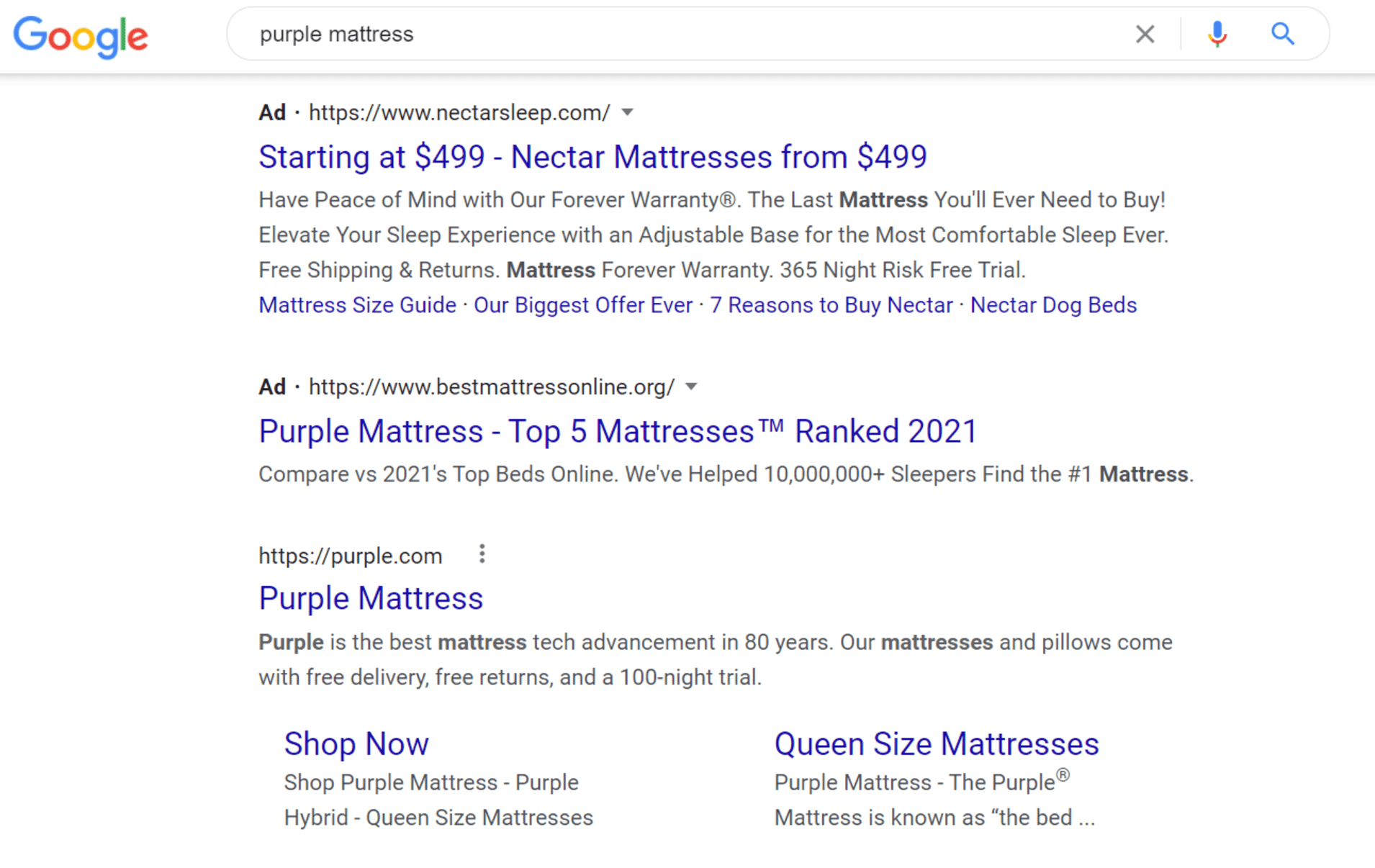 Example of mattress ads on a Google search.