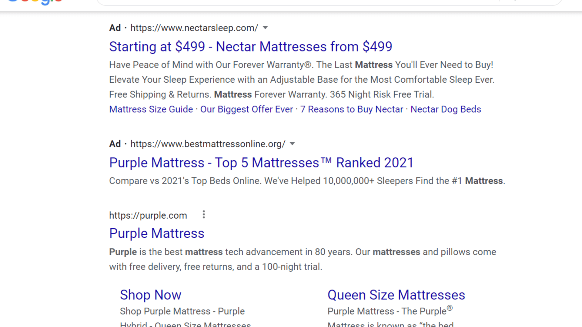 Example of mattress ads on a Google search.