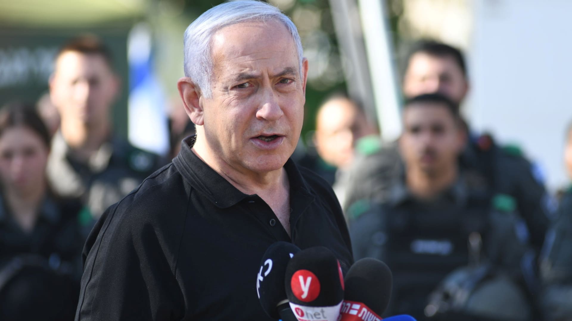 Israeli Prime Minister Benjamin Netanyahu speaks during meeting with Israeli border police following violence in the Arab-Jewish town of Lod, Israel May 13, 2021.