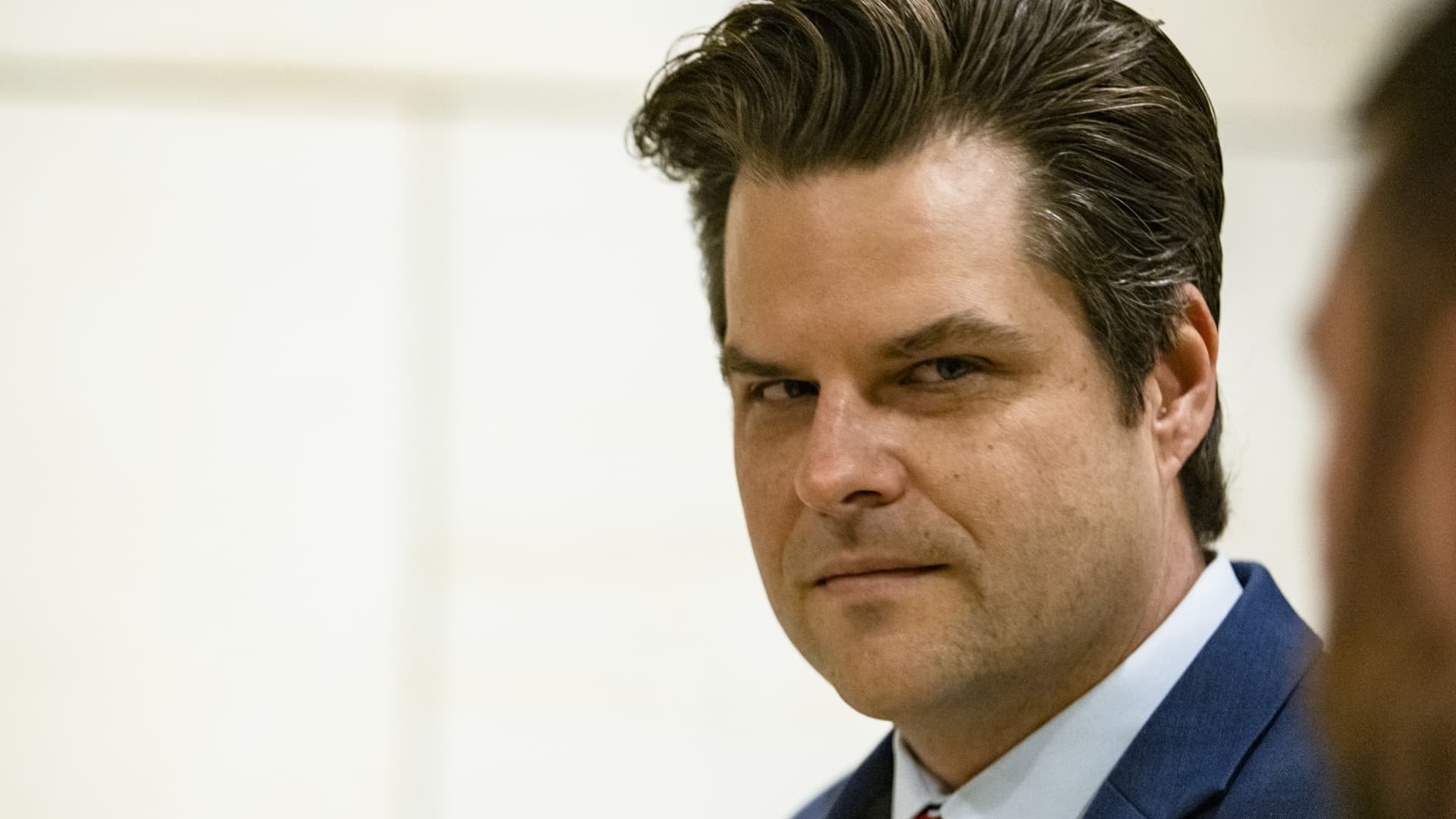 Representative Matt Gaetz, a Republican from Florida, arrives to a House GOP conference meeting at the U.S. Capitol in Washington, D.C., U.S., on Friday, May 14, 2021.