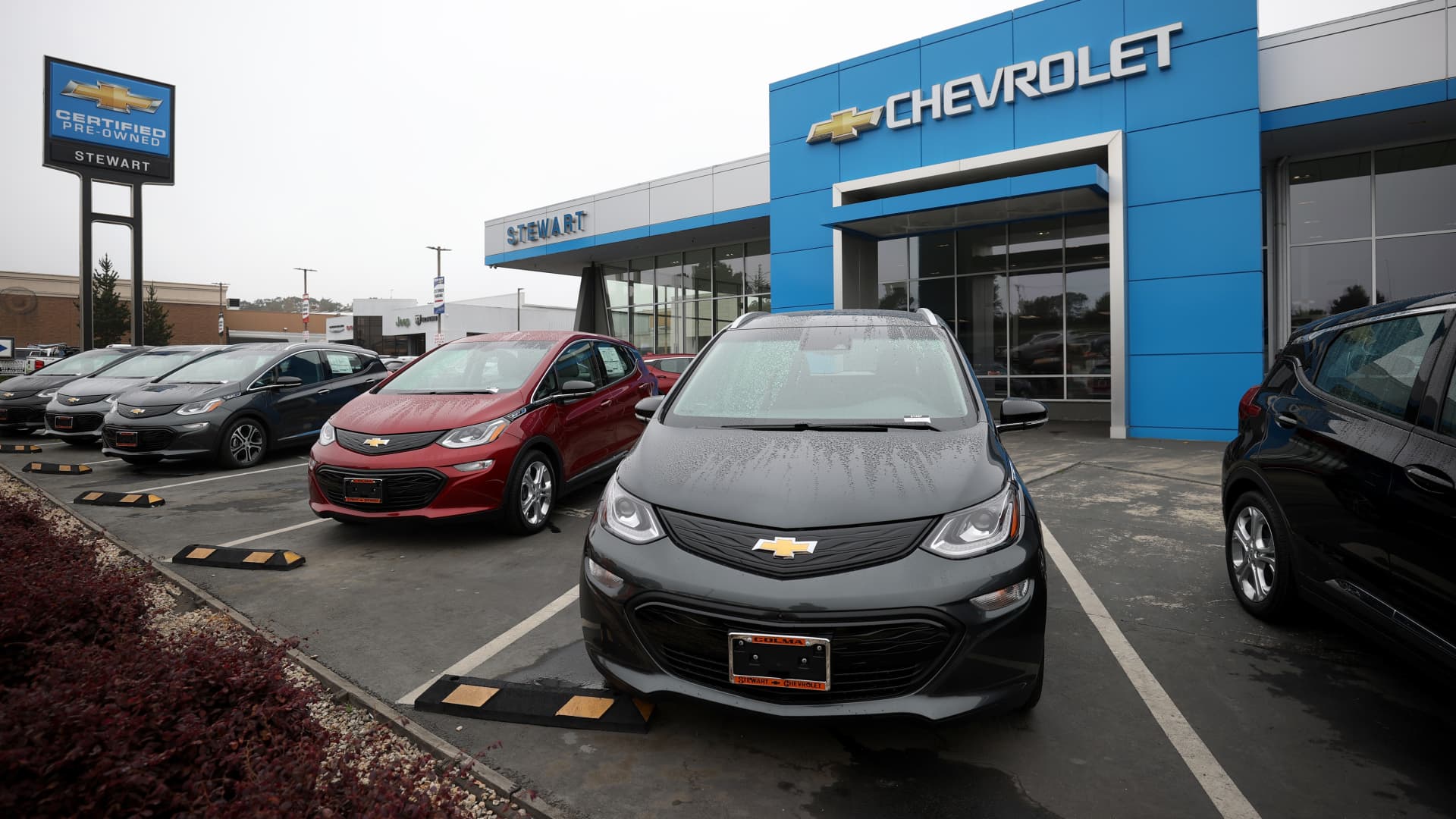 Brand new Chevrolet cars are displayed on the sales lot at Stewart Chevrolet on May 14, 2021 in Colma, California.