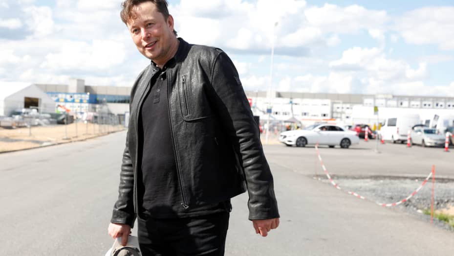 SpaceX founder and Tesla CEO Elon Musk looks on as he visits the construction site of Tesla's gigafactory in Gruenheide, near Berlin, Germany, May 17, 2021.