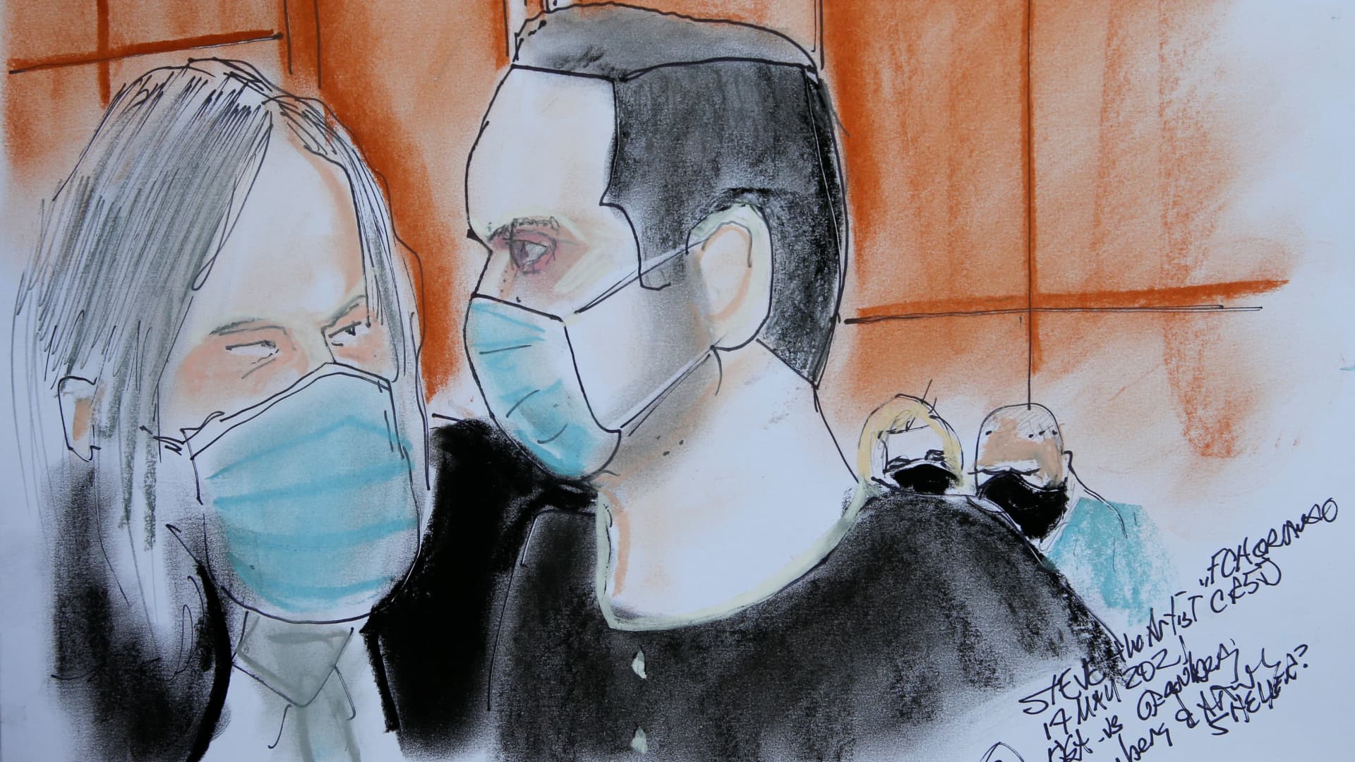 Attorney Fritz Scheller and Joel Greenberg appears during a hearing of Greenberg, a former tax collector in Florida's Seminole County who is central to the federal investigation of Republican U.S. Representative Matt Gaetz, at the federal court in Orlando, Florida, U.S. May 17, 2021, in this courtroom sketch.