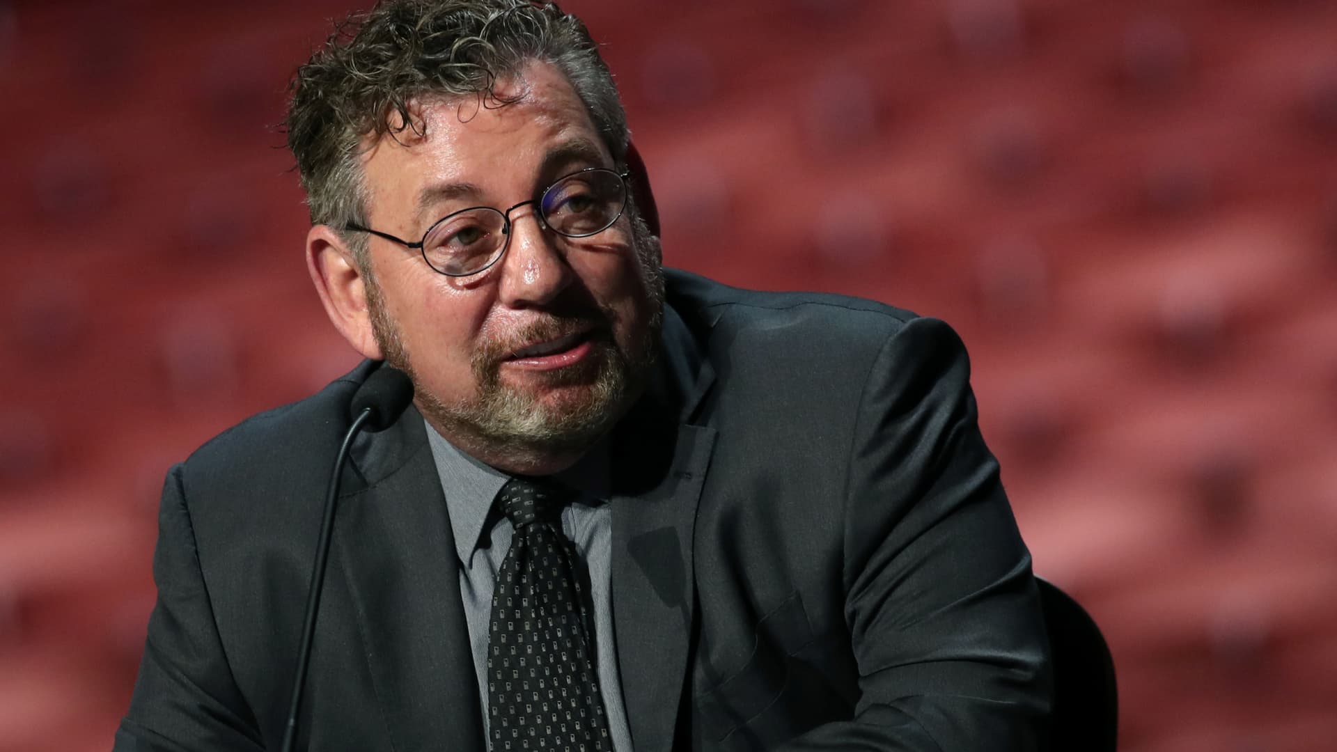 James Dolan Executive Chairman and CEO of Madison Square Garden Entertainment, speaks at a news conference from the stage at Radio City Music Hall in New York, May 17, 2021.