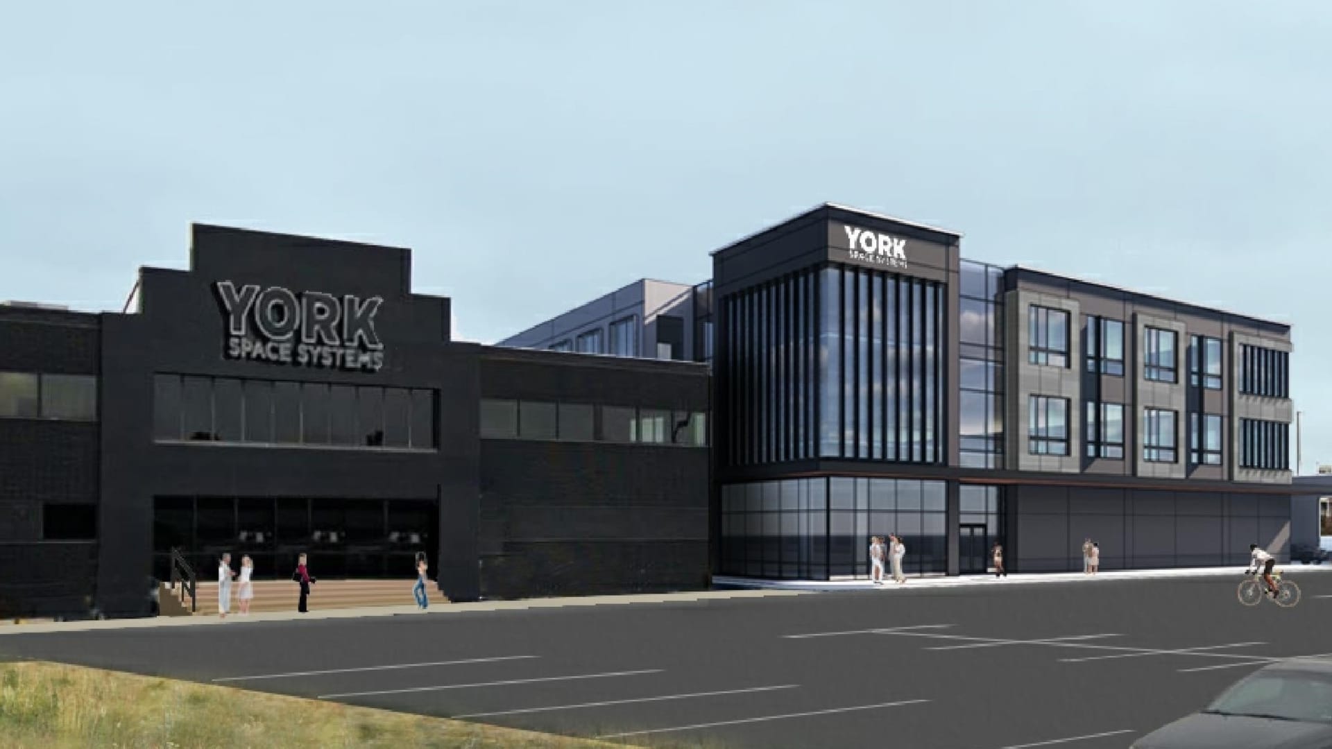 The company's existing building on the left, with a rendering of the planned expansion on the right.