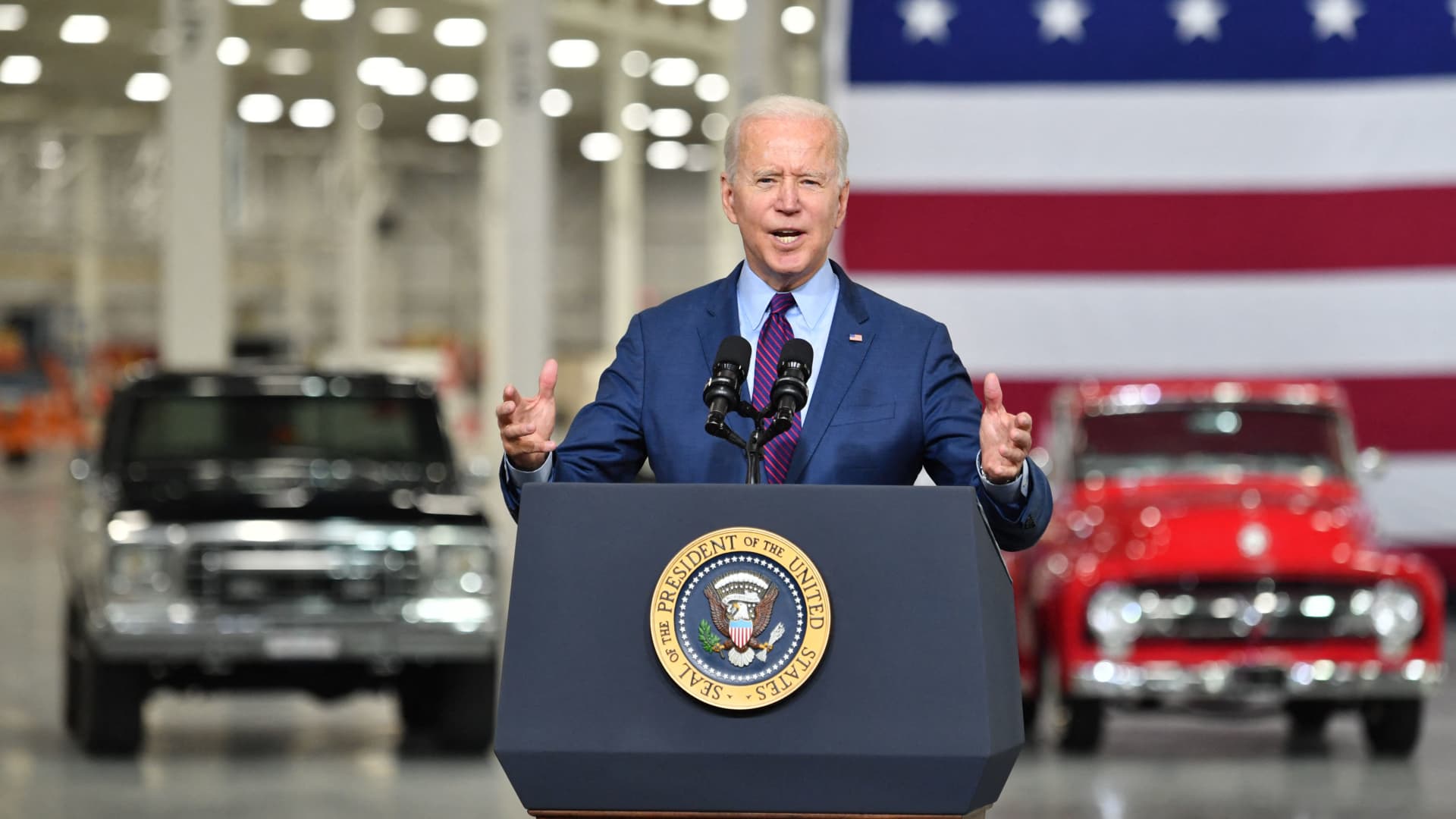 President Joe Biden delivers remarks at the Ford Rouge Electric Vehicle Center, in Dearborn, Michigan on May 18, 2021.