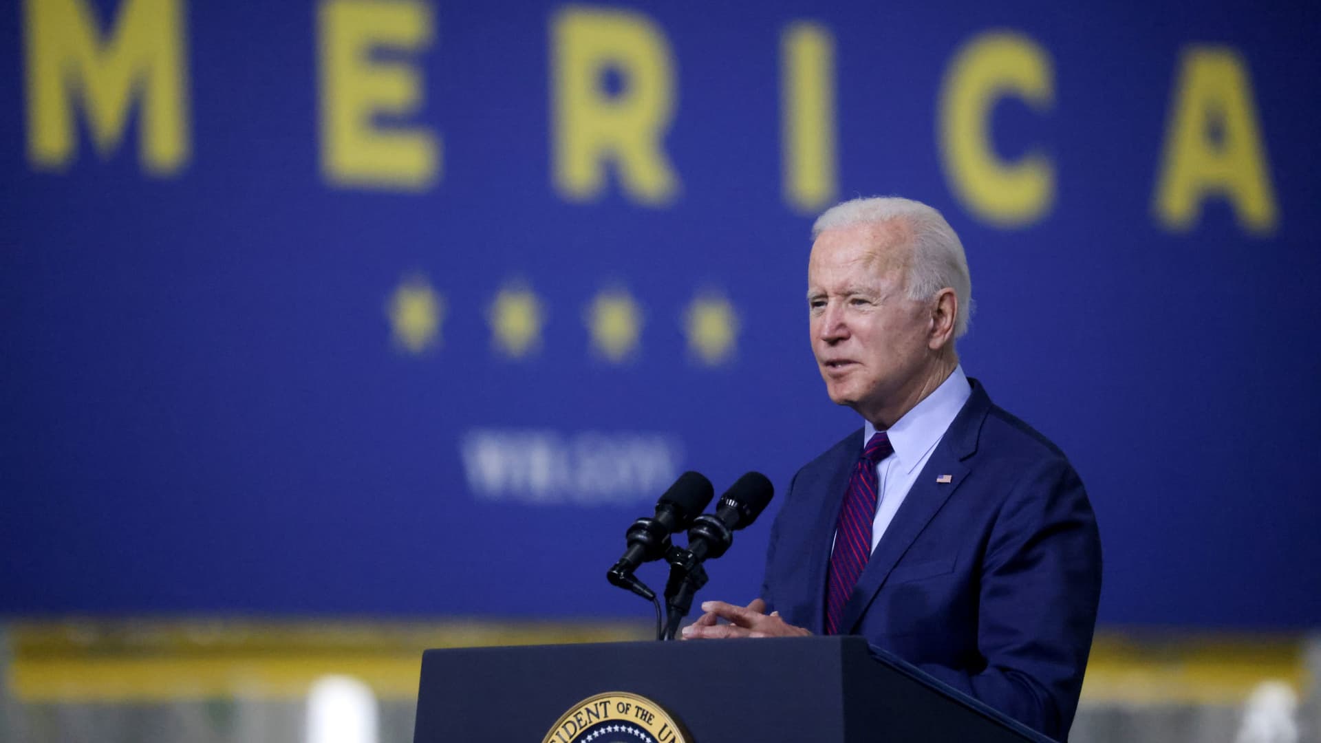 President Joe Biden delivers remarks after touring Ford Rouge Electric Vehicle Center in Dearborn, Michigan, U.S., May 18, 2021.