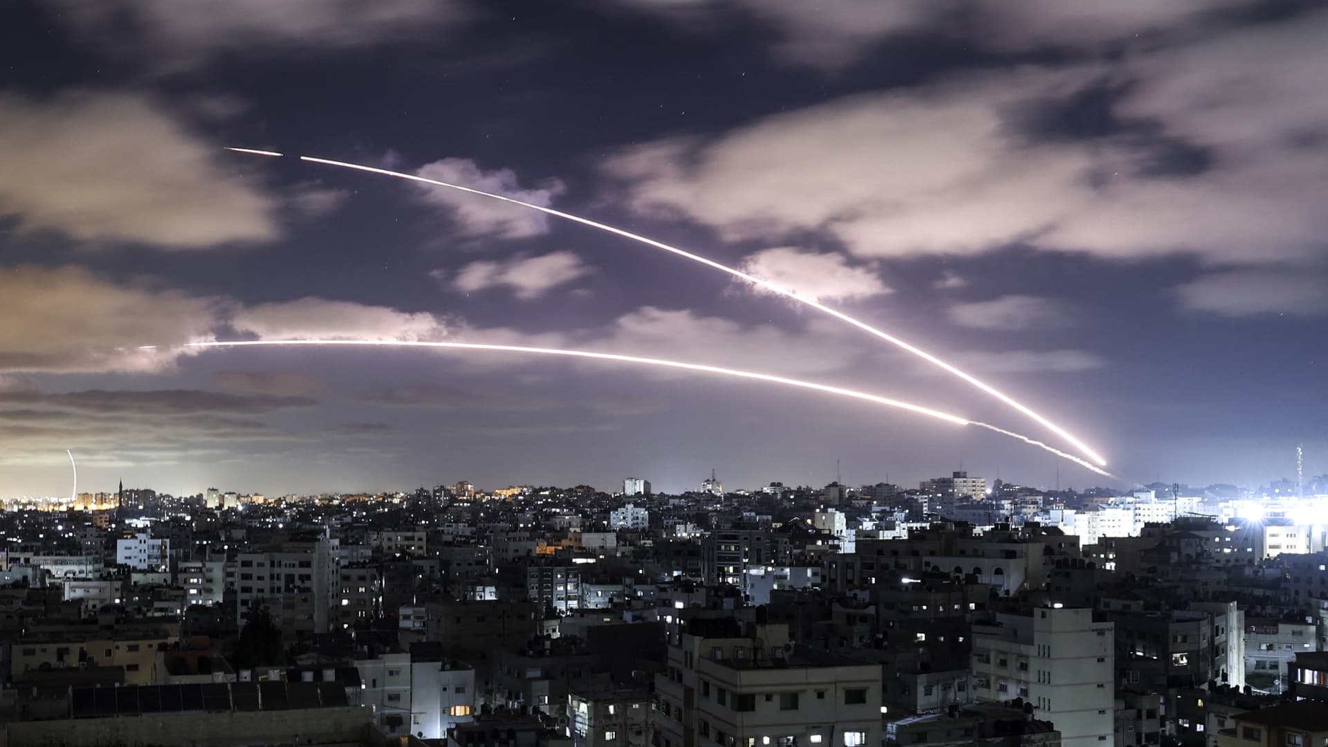 Rockets are launched towards Israel from Gaza City, controlled by the Palestinian Hamas movement, on May 18, 2021, amid a flare-up of Israeli-Palestinian violence.