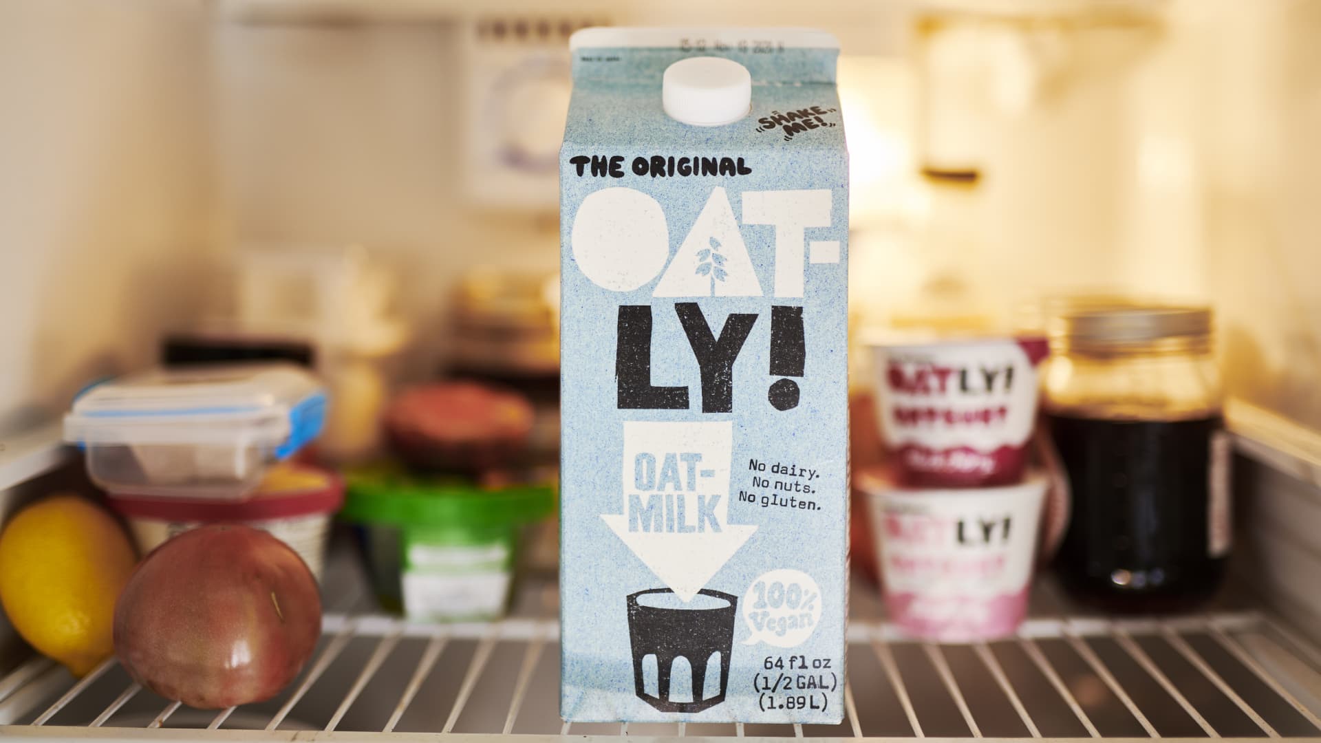 A carton of Oatly brand oat milk is arranged for a photograph in the Brooklyn borough of New York, U.S., on Tuesday, Sept. 15, 2020. Photographer: Gabby Jones/Bloomberg via Getty Images