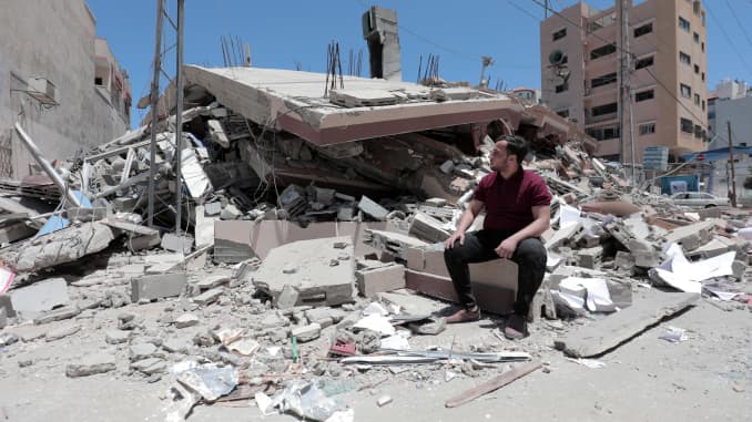 A demolished 6-storey building in Al-Rimal neighborhood contains libraries, youth centers, training for university students, and a mosque that was bombed by Israeli aircraft in raids in Gaza City, Gaza, on May 18, 2021.