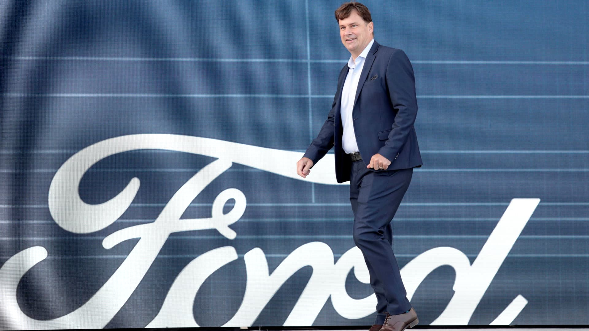 Ford Motor Co. CEO Jim Farley walks to speak at a news conference at the Rouge Complex in Dearborn, Michigan, September 17, 2020.