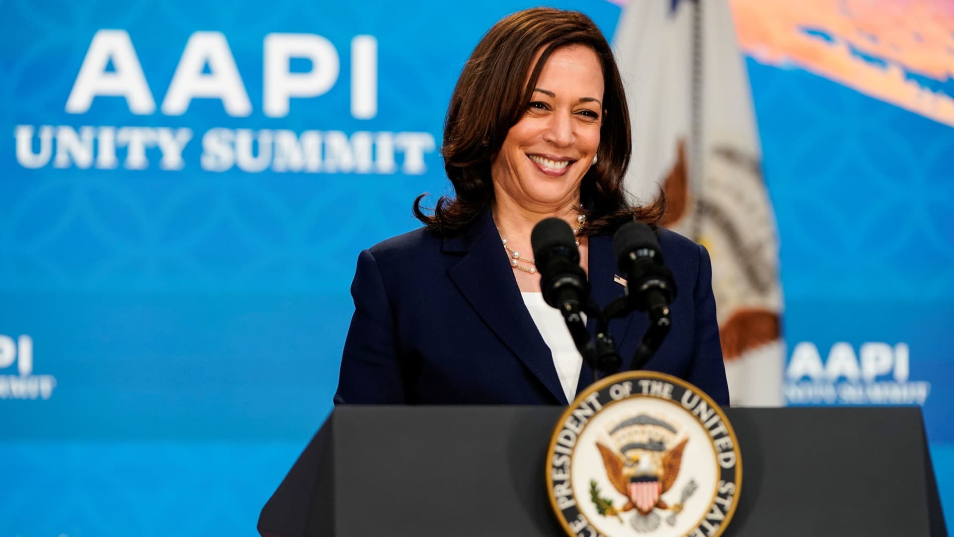 U.S. Vice President Kamala Harris delivers remarks to the Asian Pacific American Heritage Month Unity Summit in the Eisenhower Executive Office Building in Washington, U.S., May 19, 2021.