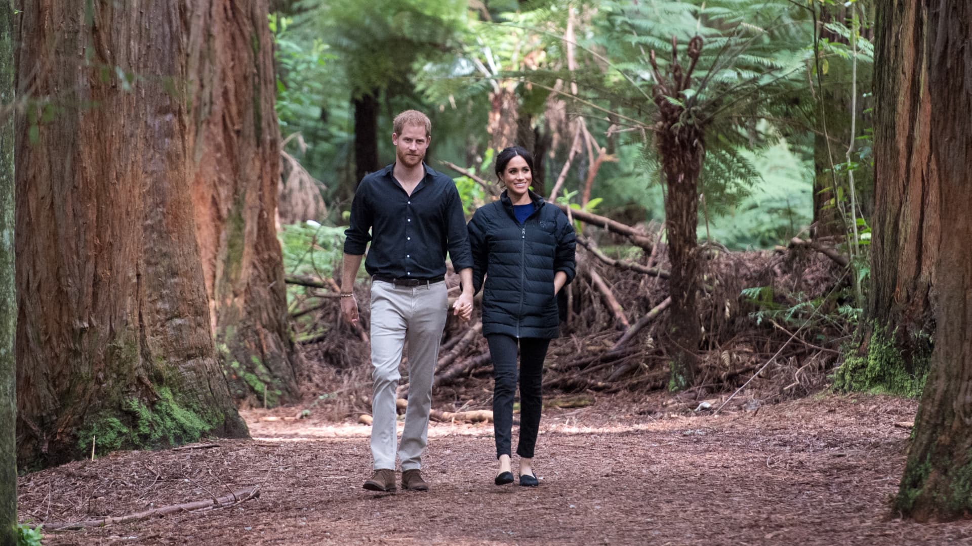 Prince Harry, Duke of Sussex, and Meghan, Duchess of Sussex, visit Redwoods Tree Walk on Oct. 31, 2018 in Rotorua, New Zealand.