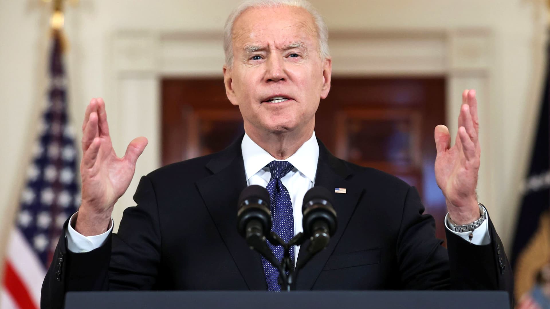 U.S. President Joe Biden delivers remarks before a ceasefire agreed by Israel and Hamas was to go into effect, during a brief appearance in the Cross Hall at the White House in Washington, May 20, 2021.