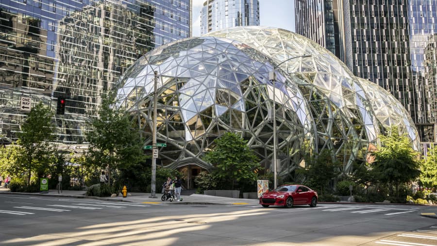 The exterior of The Spheres are seen at the Amazon.com Inc. headquarters on May 20, 2021 in Seattle, Washington. Five women employees sued Amazon this week, alleging discrimination and retaliation.
