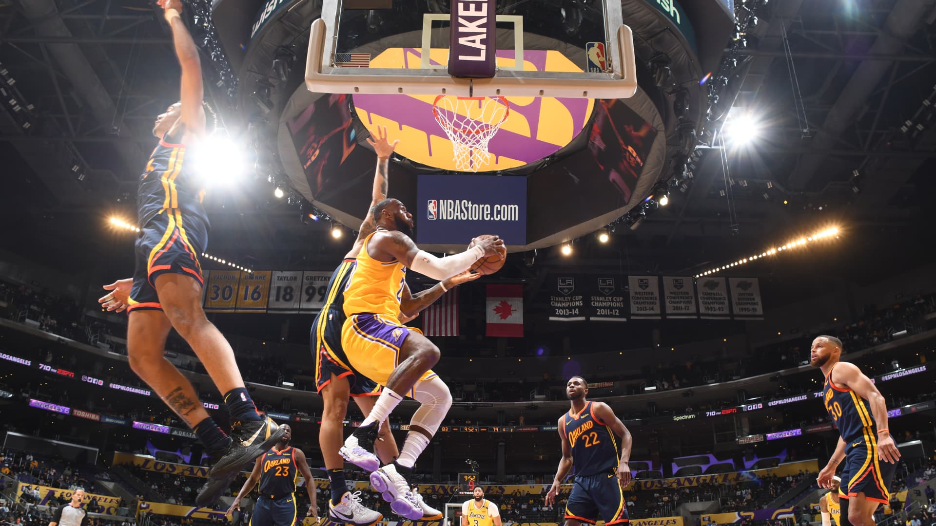 LeBron James #23 of the Los Angeles Lakers drives to the basket against the Golden State Warriors during the 2021 NBA Play-In Tournament on May 19, 2021 at STAPLES Center in Los Angeles, California.