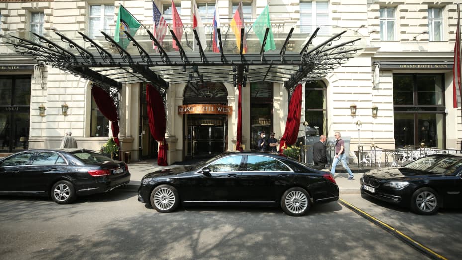 Official cars are seen outside Grand Hotel Wien after a session of meeting of the Joint Comprehensive Plan of Action (JCPOA) on "Iran nuclear deal talks" in Vienna, Austria on May 01, 2021.