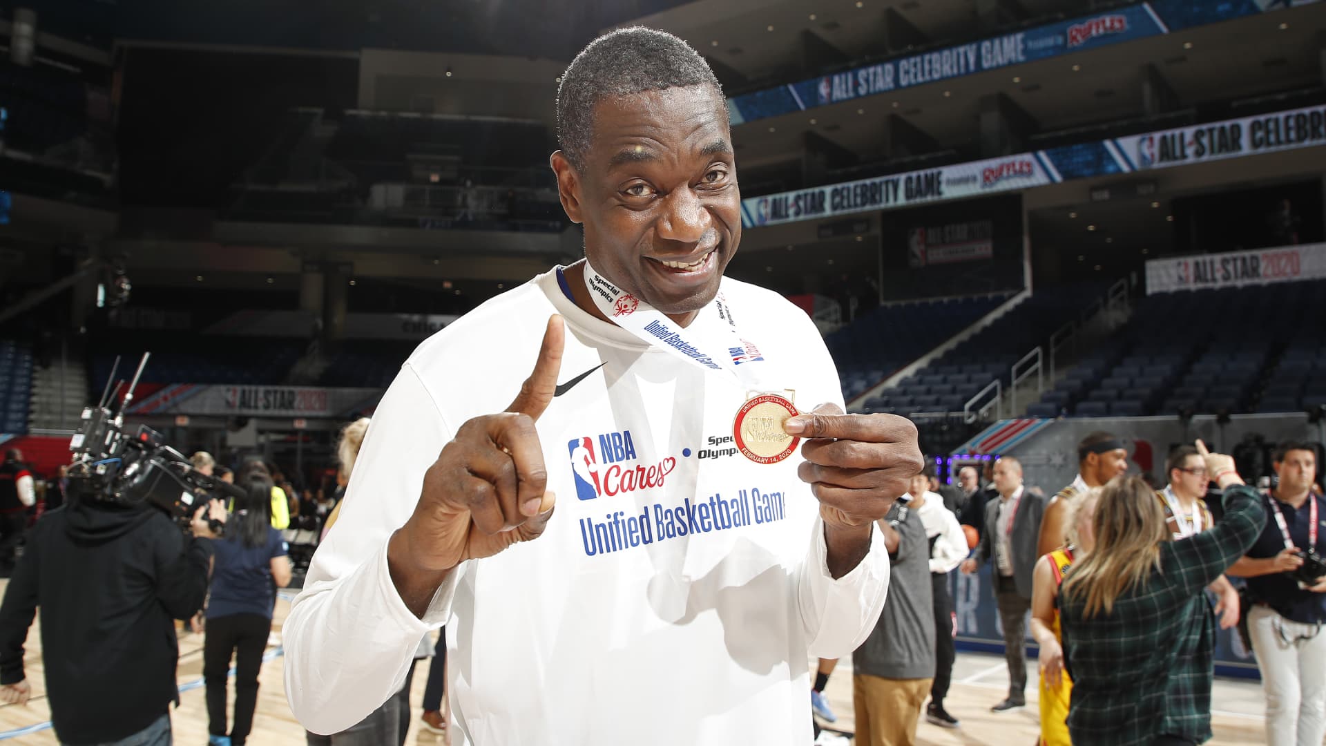 Dikembe Mutombo #55 of the Away Team poses for a photo during NBA Cares Special Olympics Unified Game as part of 2020 NBA All-Star Weekend on February 14, 2020 at Wintrust Arena in Chicago, Illinois.