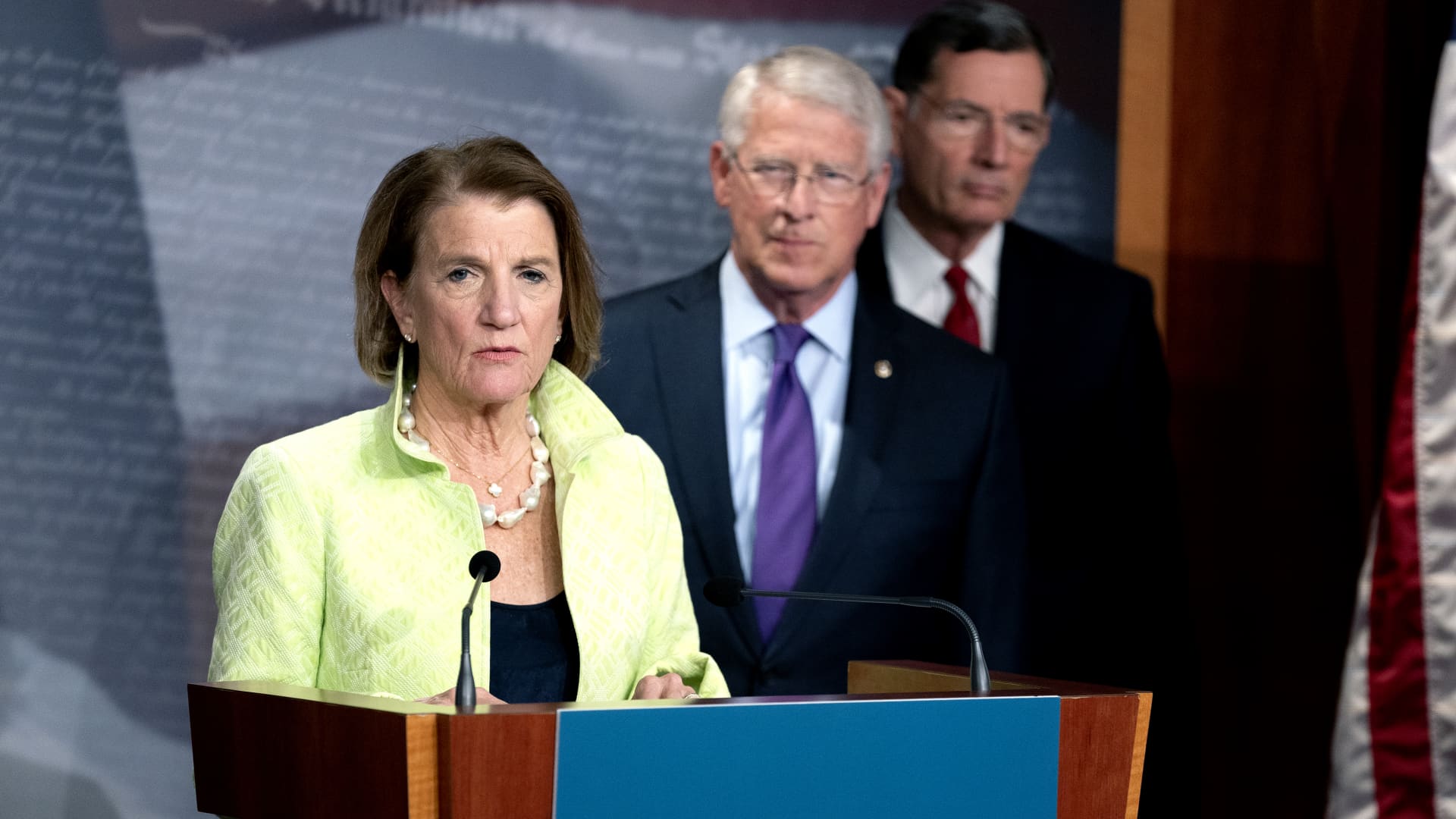 Senator Shelley Moore Capito, a Republican from West Virginia, left, speaks as Senator Roger Wicker, a Republican from Mississippi, center, and Senator John Barrasso, a Republican from Wyoming, listen during a news conference on Capitol Hill in Washington, D.C., U.S., on Thursday, April 22, 2021.
