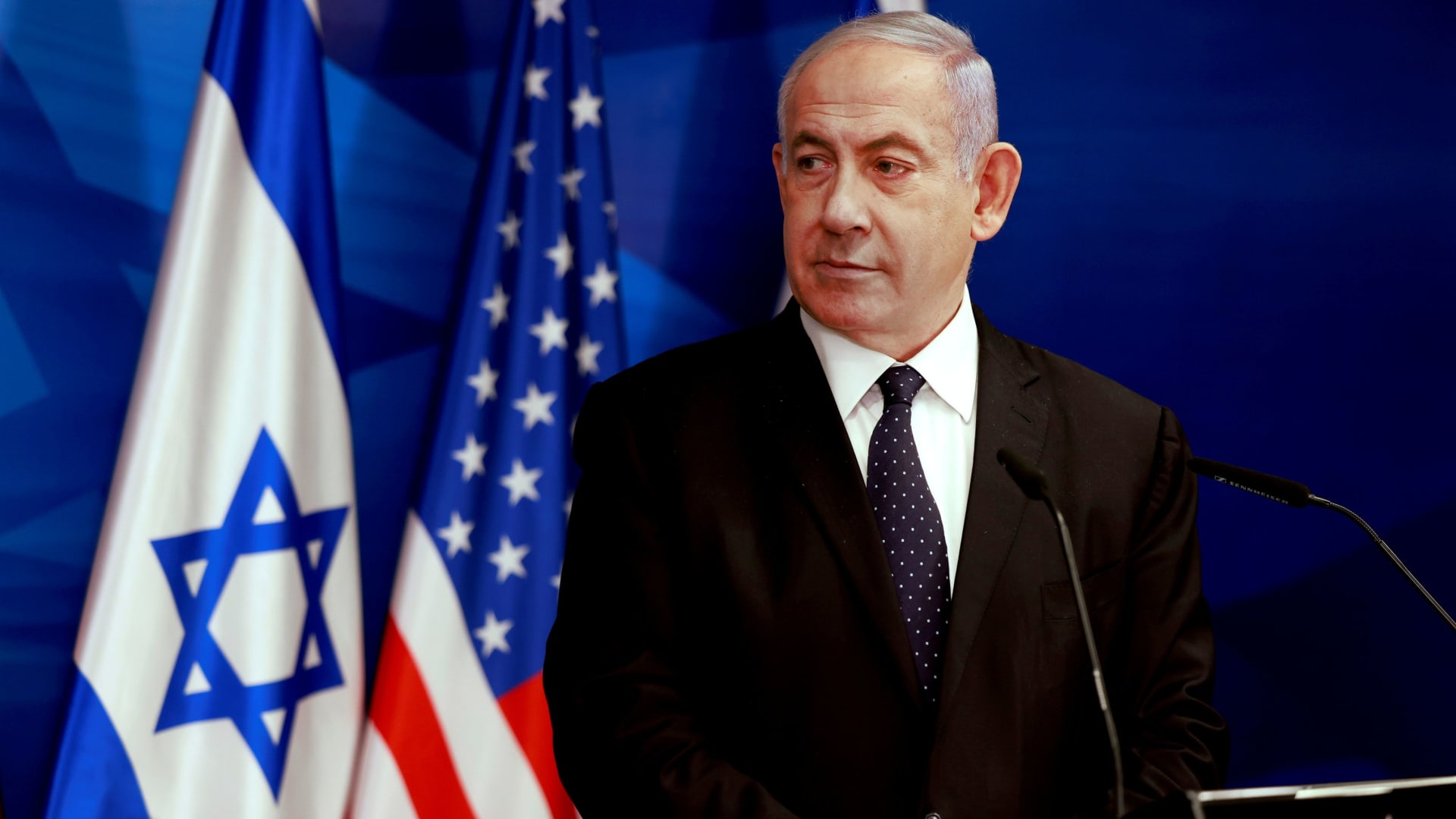 Israeli Prime Minister Benjamin Netanyahu looks toward U.S. Secretary of State Antony Blinken (not pictured) during a joint news conference in Jerusalem, May 25, 2021.