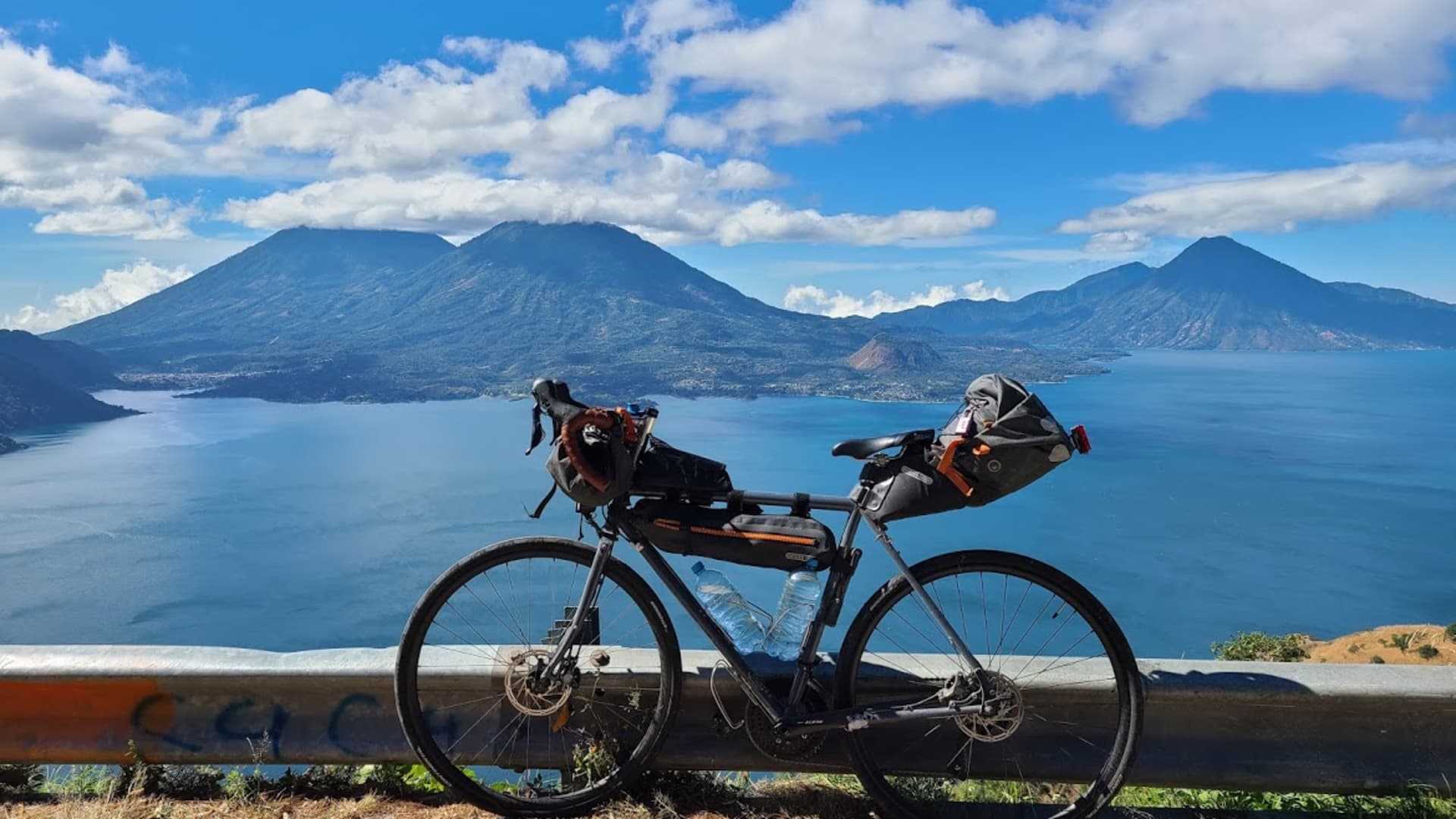 Andrew's bike in front of Lake Atitlan in Guatamala