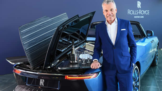Rolls-Royce CEO Torsten Muller-Otvos unveils the new coachbuilt Rolls-Royce Boat Tail on May 27, 2021, at the Home of Rolls-Royce in Goodwood, West Sussex, England.