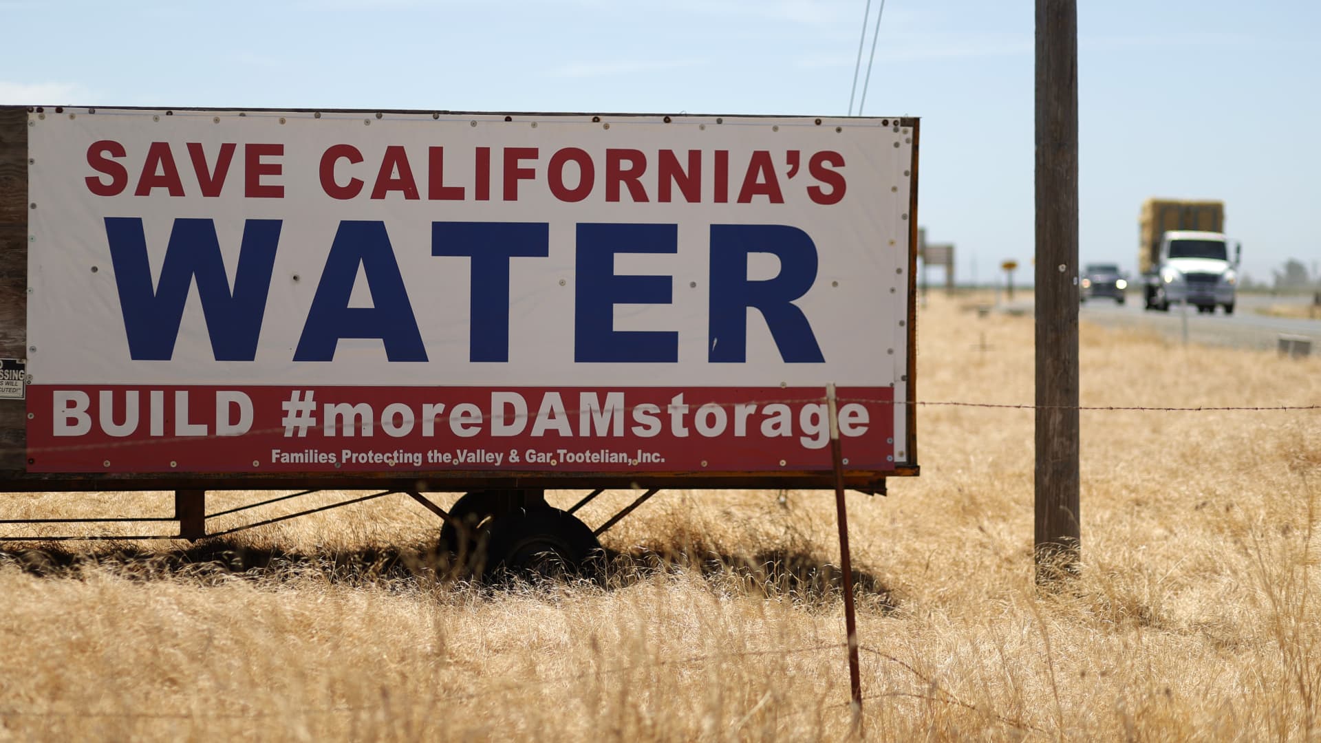 A sign is posted next to an empty field on May 27, 2021 in Chowchilla, California.