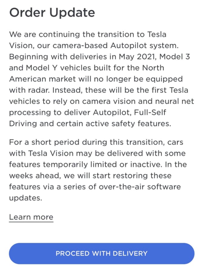 Order Update Tesla Vision 2021