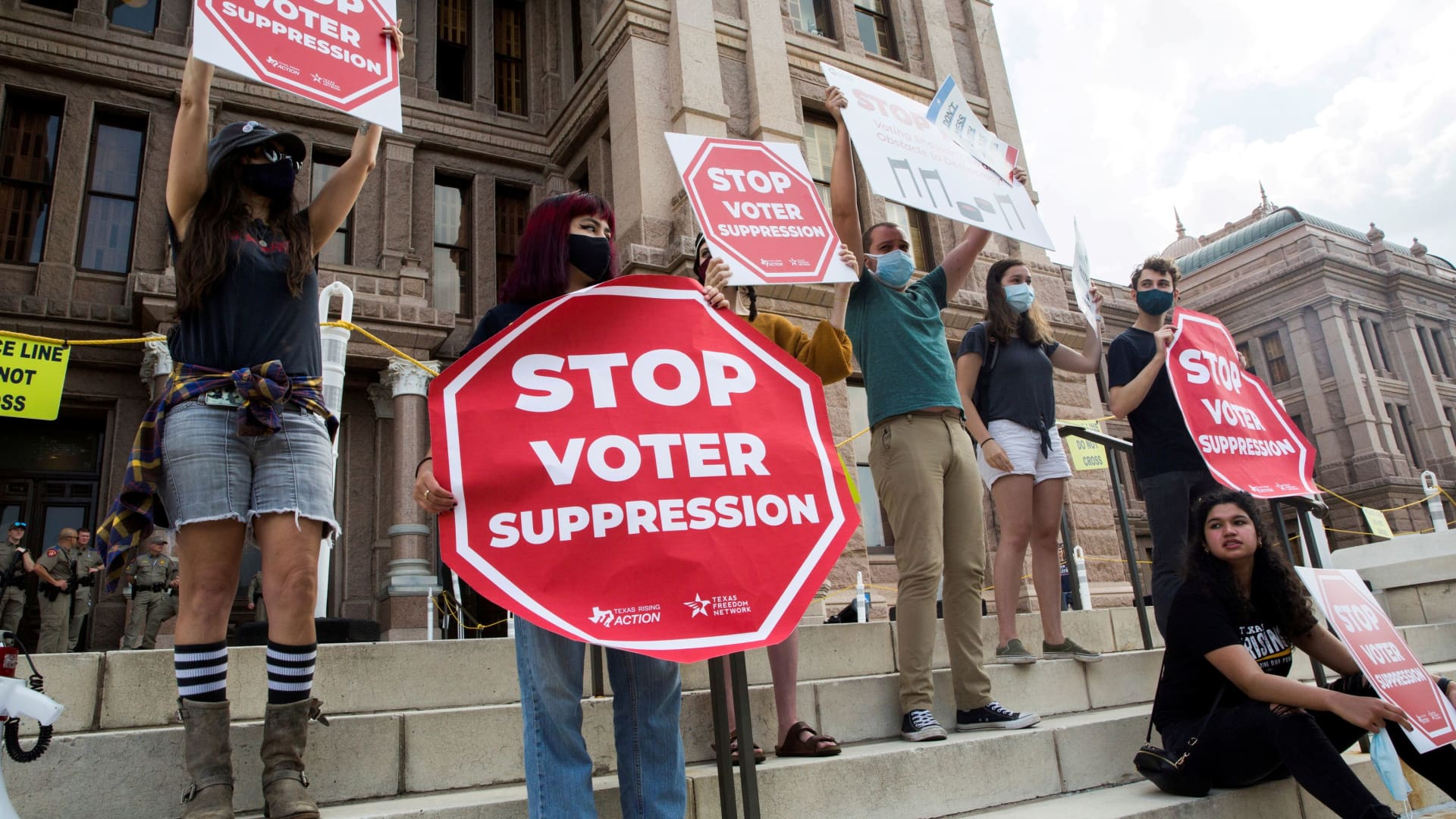 Voting rights activists gather during a protest against Texas legislators who are advancing new voting restrictions in Austin, Texas, U.S., May 8, 2021.