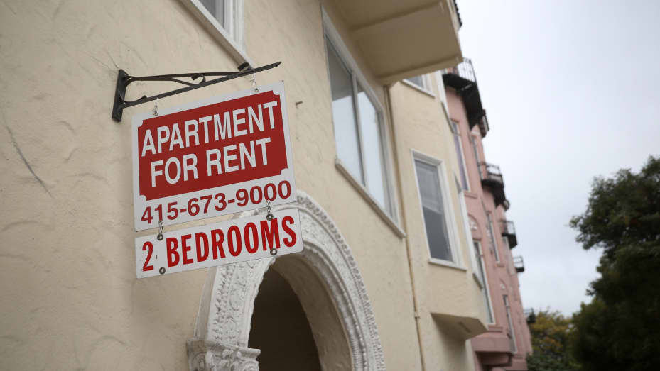 A "For Rent" sign posted in front of an apartment building on June 02, 2021 in San Francisco, California.