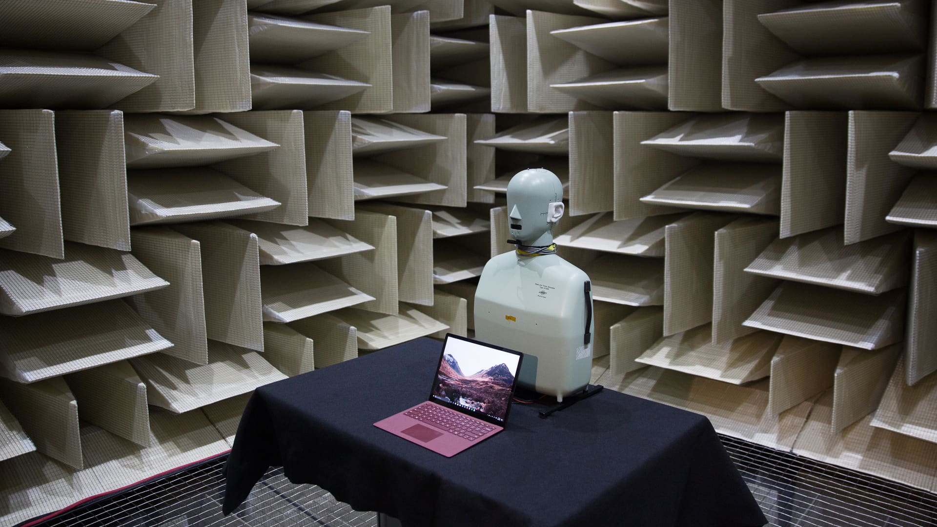 A Microsoft Surface Laptop computer sits in a soundproof anechoic chamber, used for development of the device's speakers, at the hardware lab of the Microsoft Corp. main campus in Redmond, Washington, on April 20, 2017.
