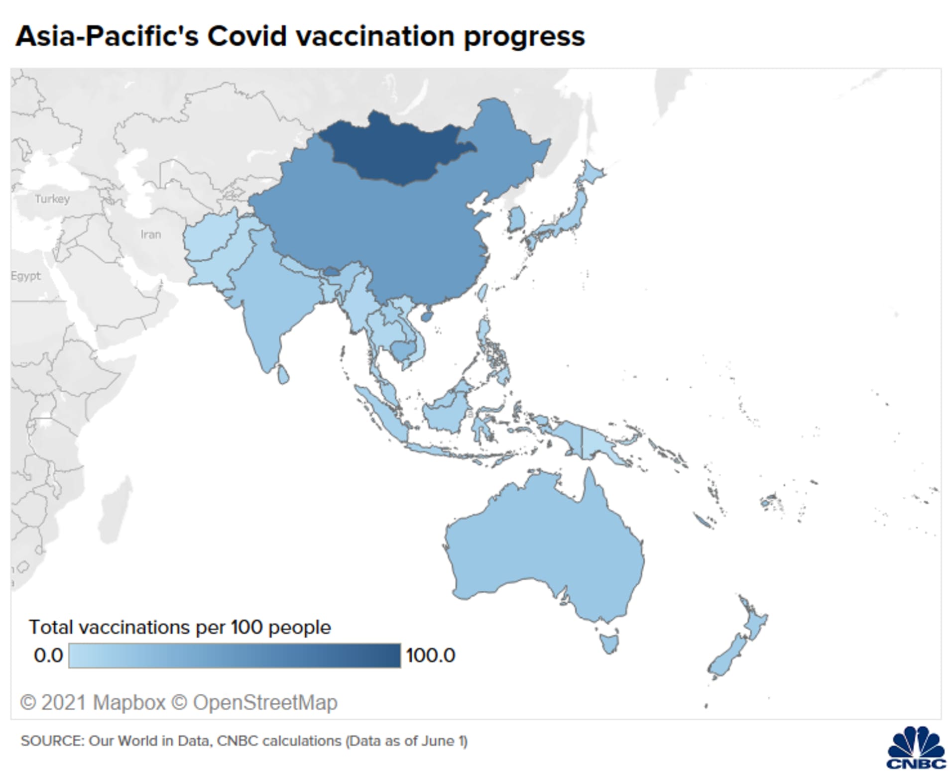 Map of the progress in Covid-19 vaccinations among Asia-Pacific countries