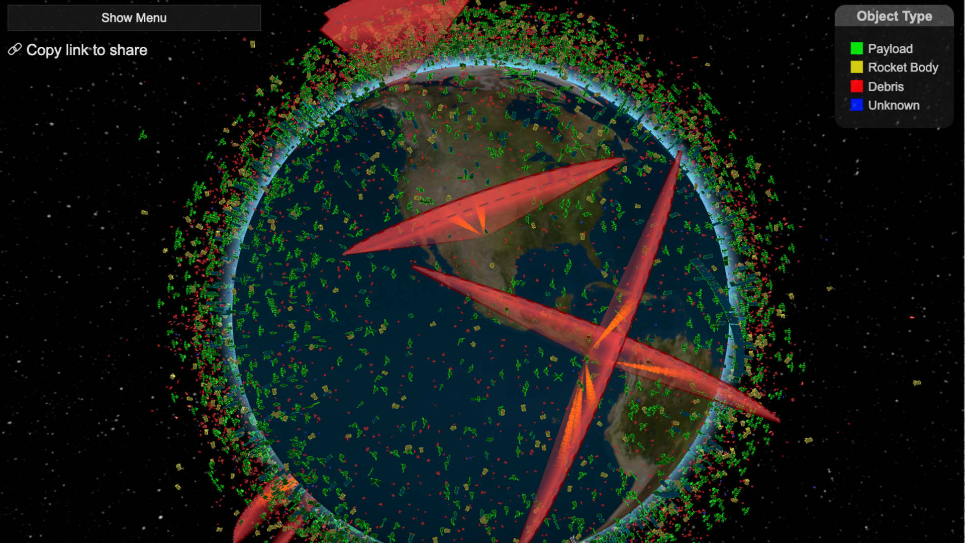 A visualization of objects in low Earth orbit, including active satellites, discarded rocket bodies, and debris.