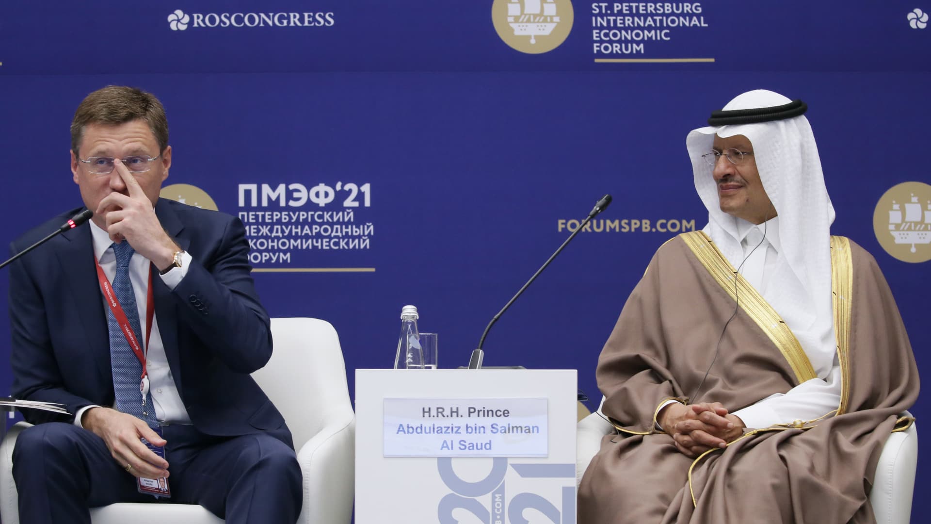 Russia's Deputy Prime Minster Alexander Novak (L) and Saudi Arabia's Energy Minister Abdulaziz bin Salman Al Saud attend a session as part of the 24th St Petersburg International Economic Forum (SPIEF 2021) at the ExpoForum Convention and Exhibition Center.