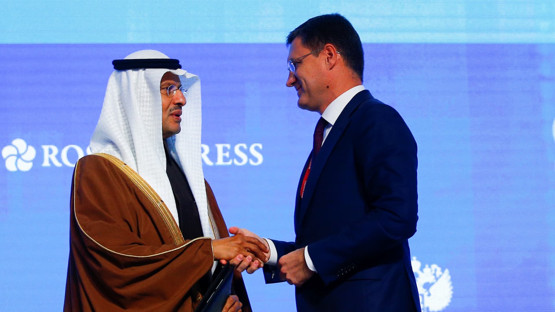 Then Russian Minister of Energy Alexander Novak (right) with Saudi Arabia's Energy Minister, Prince Abdulaziz bin Salman, during the Russian Energy Week 2019 International Forum in Moscow. OPEC delegates are reportedly concerned about the growing economic pressure on Russia and its ability to pump more crude to cool soaring prices.