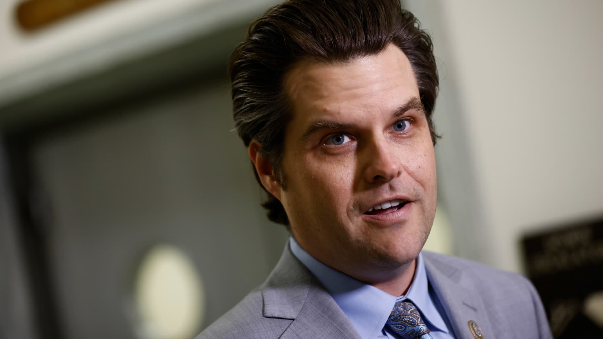Representative Matt Gaetz, a Republican from Florida, speaks to the press in the Rayburn House Office building in Washington, D.C., on Friday, June 4, 2021.